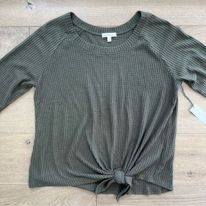 Olive Green Tie Front Waffle Knit Top
